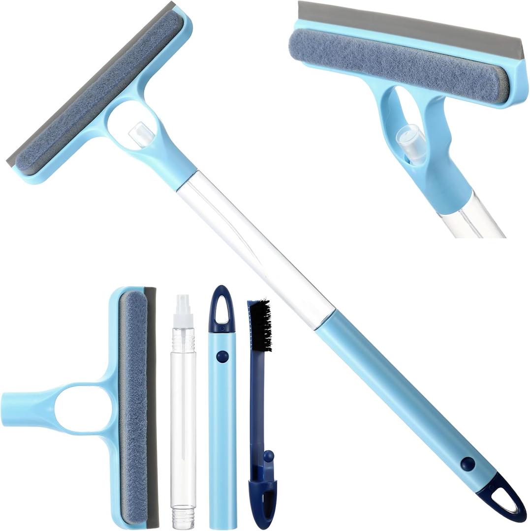 Lothee 1pcs 3 in 1 Window Squeegee, 23'' Long Handle Window Cleaning Scraper, Squeegee and Scrubber with Spray for Walls, Car Windshields, Bathrooms, Kitchens (Bule)