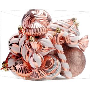 Christmas Ball Ornaments Set Shatterproof Christmas Tree Ornaments 24 PCS Painted Shaped Styles Xmas Tree for Holiday Decor,Rose Gold