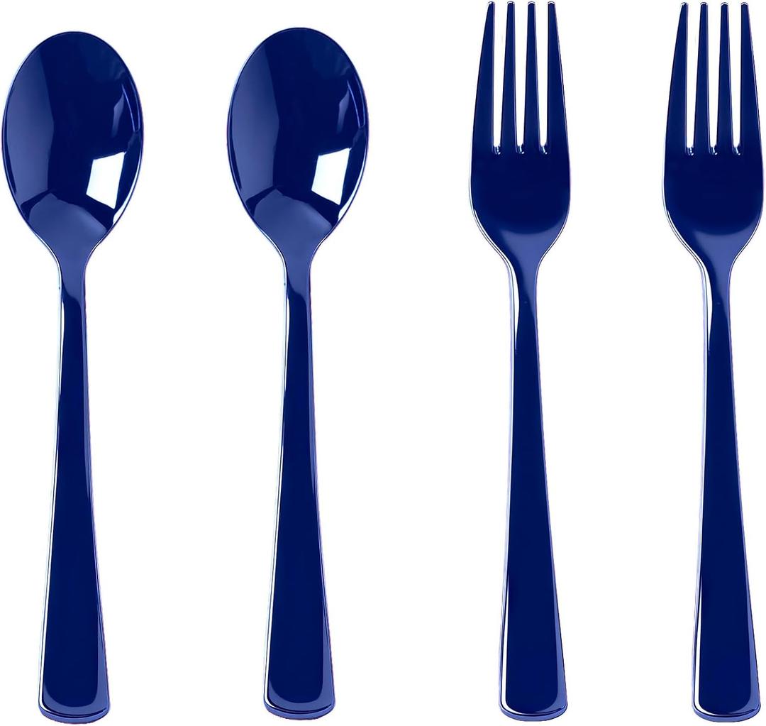 200 Count Navy Blue Plastic Silverware, Heavy Duty Disposable Cutlery Set, 100 Forks and 100 Spoons, Plastic Utensils Set for Party, Birthday, Wedding