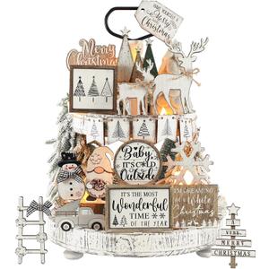 Shellwei 20 Pcs Neutral Christmas Tiered Tray Decor Rustic Winter Tiered Tray Farmhouse Christmas Decoration Xmas Trees Gnome Elk Snowflake Wooden Signs for Home Table Shelf