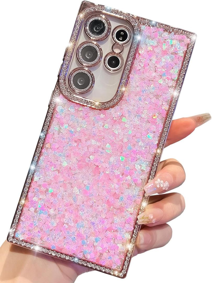 KERZZIL Trendy Girly Glitter Powder Compatible with Sumsung Galaxy Rectangle Case, Elegent Cute Slim Women Bling Diamond Rhinestones Plating Phone Cases(Pink,S24 Ultra)