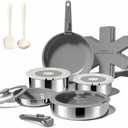 16PCS Pots and Pans Set Non Stick, Diamond-Titanium Ceramic Cookware Set & 3 Layer Stainless Steel with Detachable Handle, Induction Cookware, Non Toxic Oven/Dishwasher Safe, Gray, 16 Piece