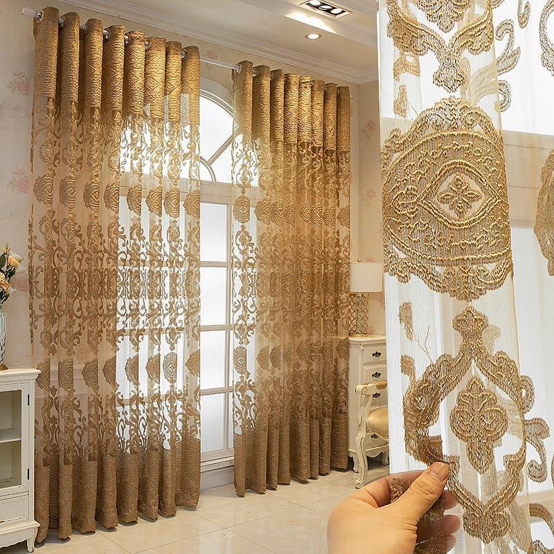 European Golden Flower Embroidery Sheer Curtains Villa Luxury Grommet Top Voile Drape for Living Room Curtain Panel Tulle Home Decor 52 inch Wide by 96 inch Long 1 Set of 2 Panels