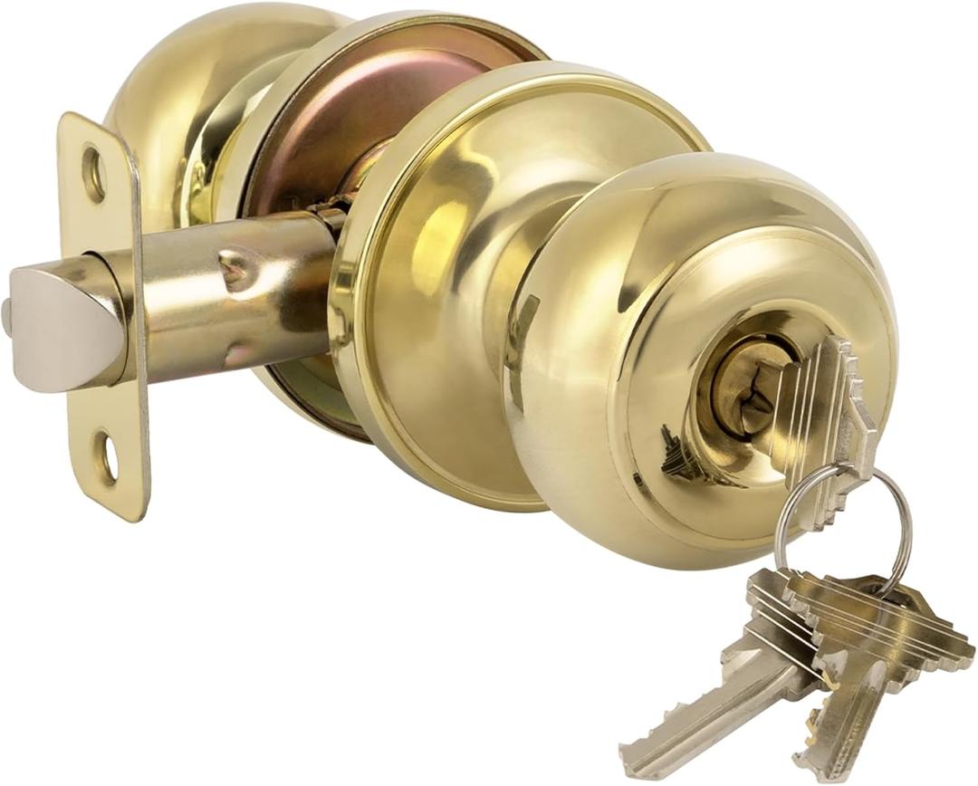 HOSOM Door Knob with Lock and Key, Polished Brass Keyed Entry Door Knob, Exterior and Interior Door Lock for Front Door, Entry Door Handle for Bedroom and Bathroom, Gold (1 Pack)