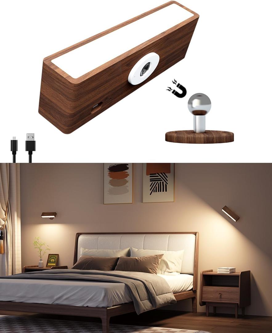 Wall Lights Battery Operated Wooden,Magnetic Wall Sconces Rechargeable,Adhesive Wall Lights for Bedroom,Dimmable Wall Mounted Bedside Lamp,Cordless Battery Wall Sconce for Bedroom Reading (1Pack-Touch Control)