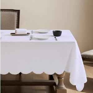 AORISSI 100% Pure Linen Scalloped Embroidery Rectangle Tablecloths 84Lx60W Inch for Dinners, Parties, Spring, Easter, Machine Washable, 6-8 Sets, 60''x84'', White(Edges-Gold)