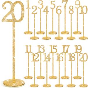Chunful 20 Pcs Glitter Table Numbers 1-20 Wooden Wedding Table Numbers for Wedding Reception, Banquet, Catering Events, with Holder Base(Gold)