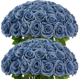 100 Pcs Fake Dusty Blue Roses, Artificial Blue Flowers Bulk Realistic Silk Faux Rose with Long Stems for Wedding Bridal Bouquet Anniversary Floral Arrangement Decor