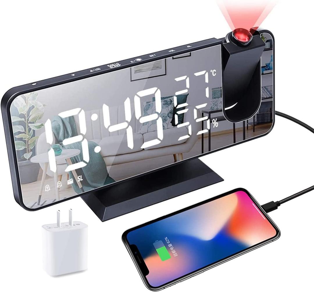 Projection Alarm Clock for Bedrooms Ceiling, Digital Clock Radio with USB Charger Port, Temperature & Humidity Display, 7.3 Large LED Display,12/24H,Snooze,Dual Loud Clock- 4 Dimmer (Black)