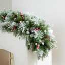 9ft Artificial Christmas Snow Garland with 50 Clear Lights, Pulg in, Pine Cone, Red Berry Battery Powered String Light for Outdoor Indoor, Home Decoration Mantle Stairs Railing Fireplace Door