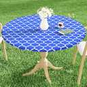 Smiry Round Picnic Tablecloth, Waterproof Elastic Fitted Table Covers for 36" - 44" Tables, Wipeable Flannel Backed Vinyl Tablecloths for Camping, Indoor, Outdoor, Blue & White