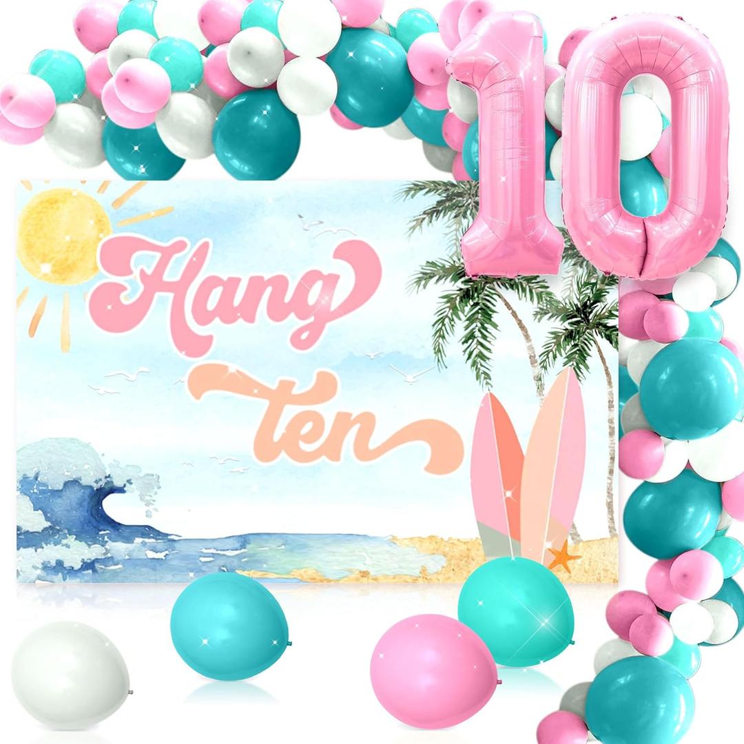 JeVenis Hang Ten Surfing Birthday Decoration 10th Birthday Surf Party Supplies Surfing Party Decorations Surfboard Balloons for Summer Beach Surfing Birthday Decoration Swimming Pool