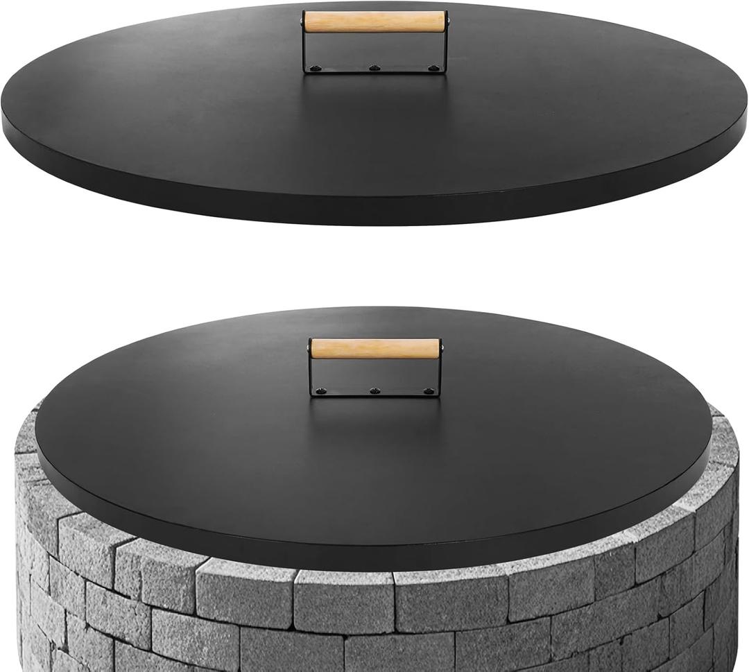 G GOOD GAIN Firepit Lid Round 30 Inch - Rust Resistant Fire Pit Lid Cover with Wooden Handle & Gloves, Fire Pit Snuffer Lid for Courtyards, Patio, Winter Cold Protection. Fits Fire Pits Up to 28"