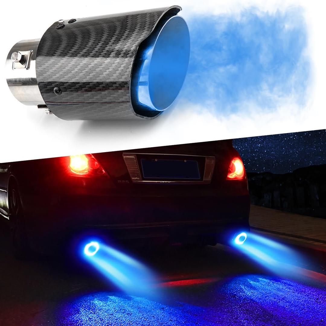Stainless Steel Exhaust Tip, 2.5 inch Inlet Carbon Fiber Exhaust Tip with Blue/Red LED Light, Modified Universal Exhaust Pipe Rear Tailpipe Flue Racing Style for 1.5"-2.4" Adjustable Inlet Tailpip