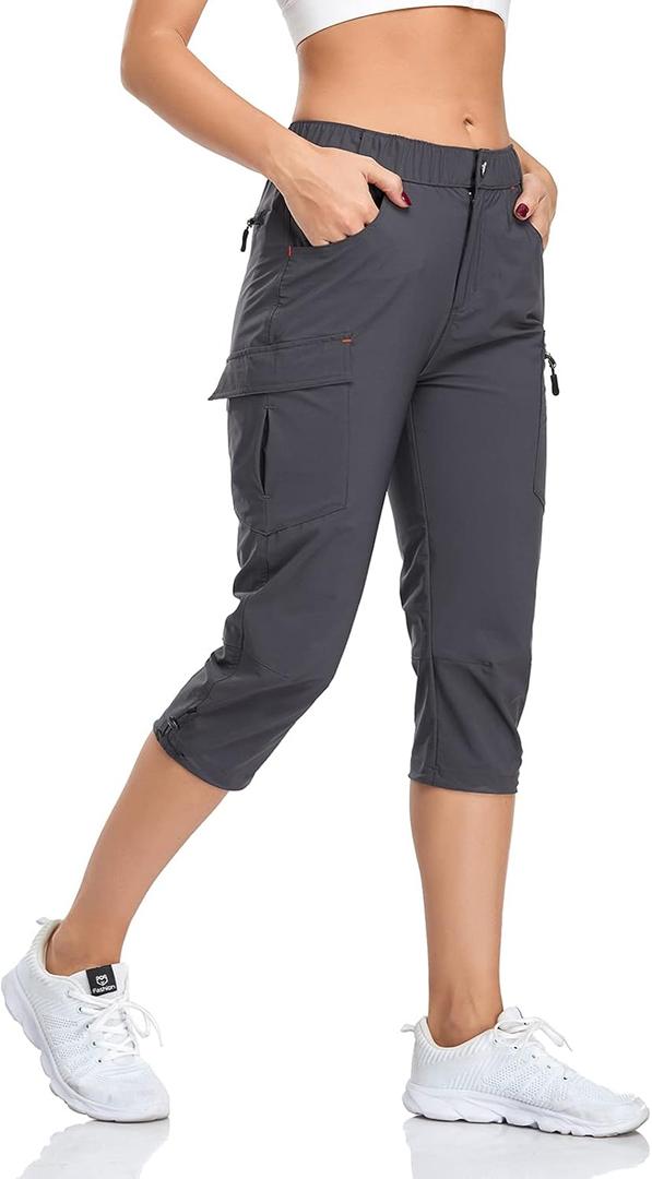 GymBrave Women's Hiking Cargo Pants Quick Dry Outdoor Camping Capris Water Resistant UPF 50 with Zipper Pockets (Medium, Gray)