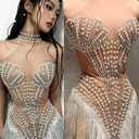 Women Club Sleeveless Prom Dress Pearls Crystals See Through Tassel Dress gig Event Latin Dance Dress, One Size