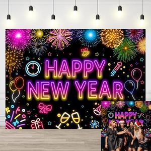 7X5FT Neon Happy New Year Backdrop 2026 Glow in The Dark New Years Eve Party Decorations Banner Colourful Firework Neon Glitter 2026 Nye Party Supplies Photo Props