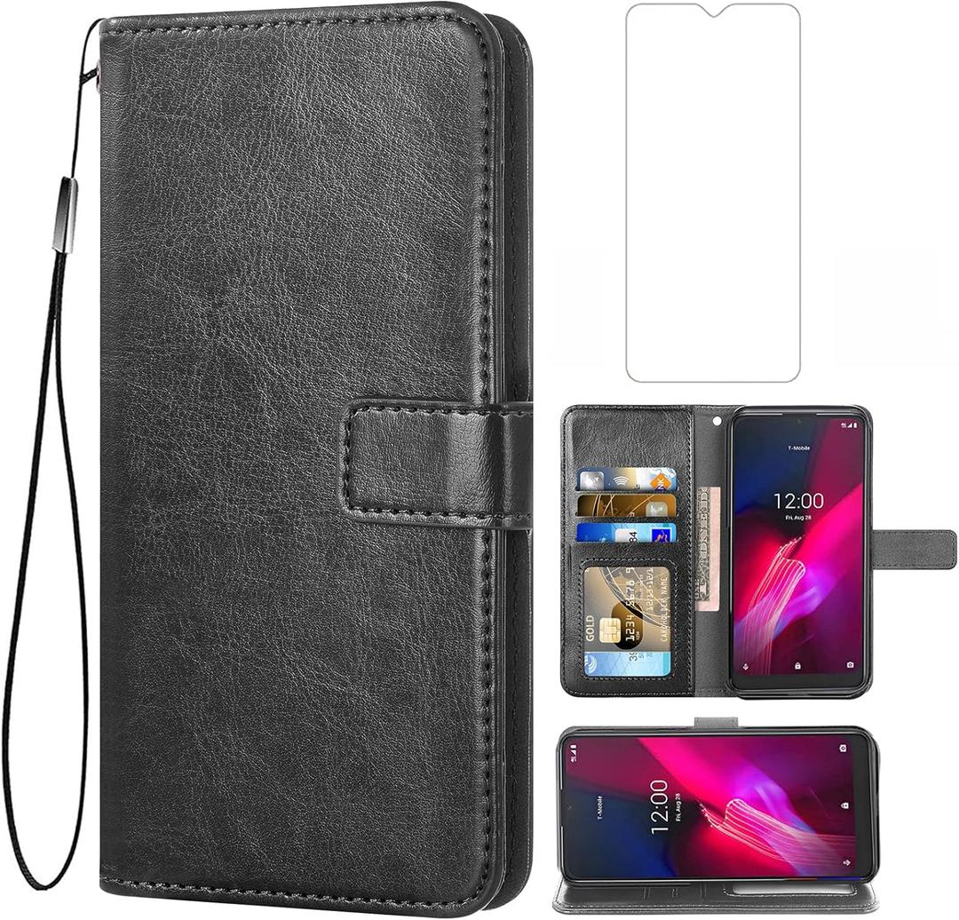 Asuwish Compatible with T-Mobile Revvl 4 Wallet Case Tempered Glass Screen Protector Leather Flip Card Holder Stand Phone Cases for Tmobile Revvl4 T Mobile Revel Revell Four TCL Revll4 Women Men Black