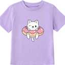 Girl's Cute Cat Graphic T-Shirts Funny Animal Lover Tee (Purple) Size: 6Y