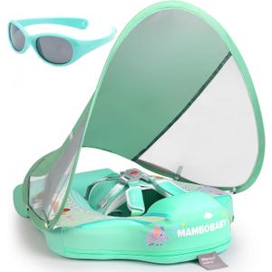 Mambobaby Float with Canopy and Tail New Upgraded Non-Inflatable Baby Pool Float Mambo Float Swim Trainer Solid Infant Swim Float Adjustable Pearl Foam Baby Swim Ring (Deluxe Flat Animal Green)