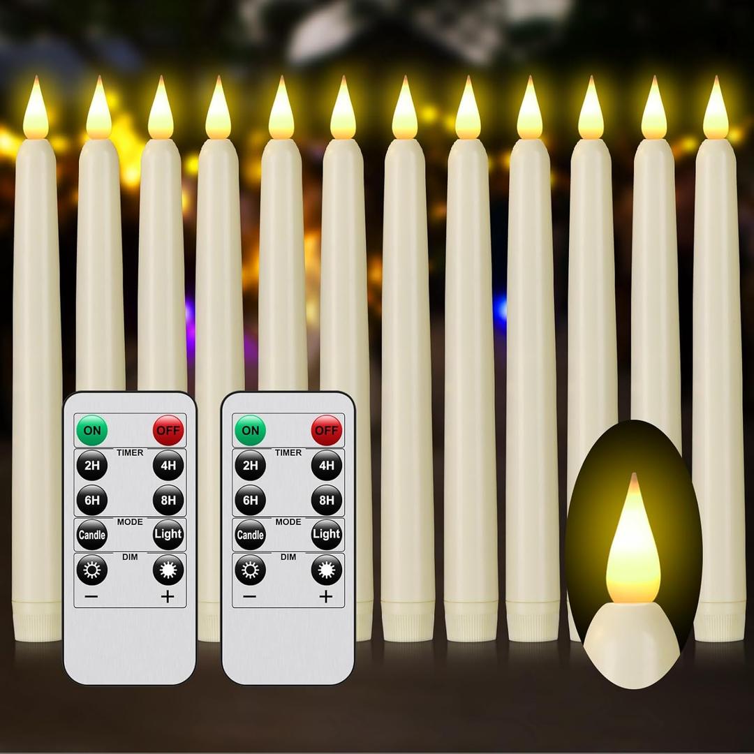 Flameless Taper Candles with Remote Control and Timer, Battery Operated LED Candlesticks with Flickering 3D Flame, 9.60.8 Inches Plastic Fake Candles for Christmas, Wedding and Home Decor (Ivory, 12)