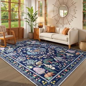 Lahome Blue Area Rug for Living Room, Vintage Machine Washable 5x7 Rug Colorful Soft Bedroom Rug, Botanical Non-Slip Low Pile Stain Resistance Large Carpet for Farmhouse, Dining Room, Kids Playroom