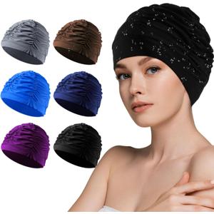 Soulchen Swim Caps for Women Polyester Turban Non-Slip Swimming Hat Elastic Swimming Pool Cap for Long and Short Hair (Brown, Gray, Purple, Blue, Navy, Black)