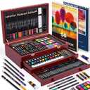 175 Piece Deluxe Art Set with 2 Drawing Pads, Acrylic Paints, Crayons, Colored Pencils, Paint Set in Wooden Case, Professional Art Kit, Art Supplies for Adults, Teens and Artist, WoodMuse Plus (Cherry)