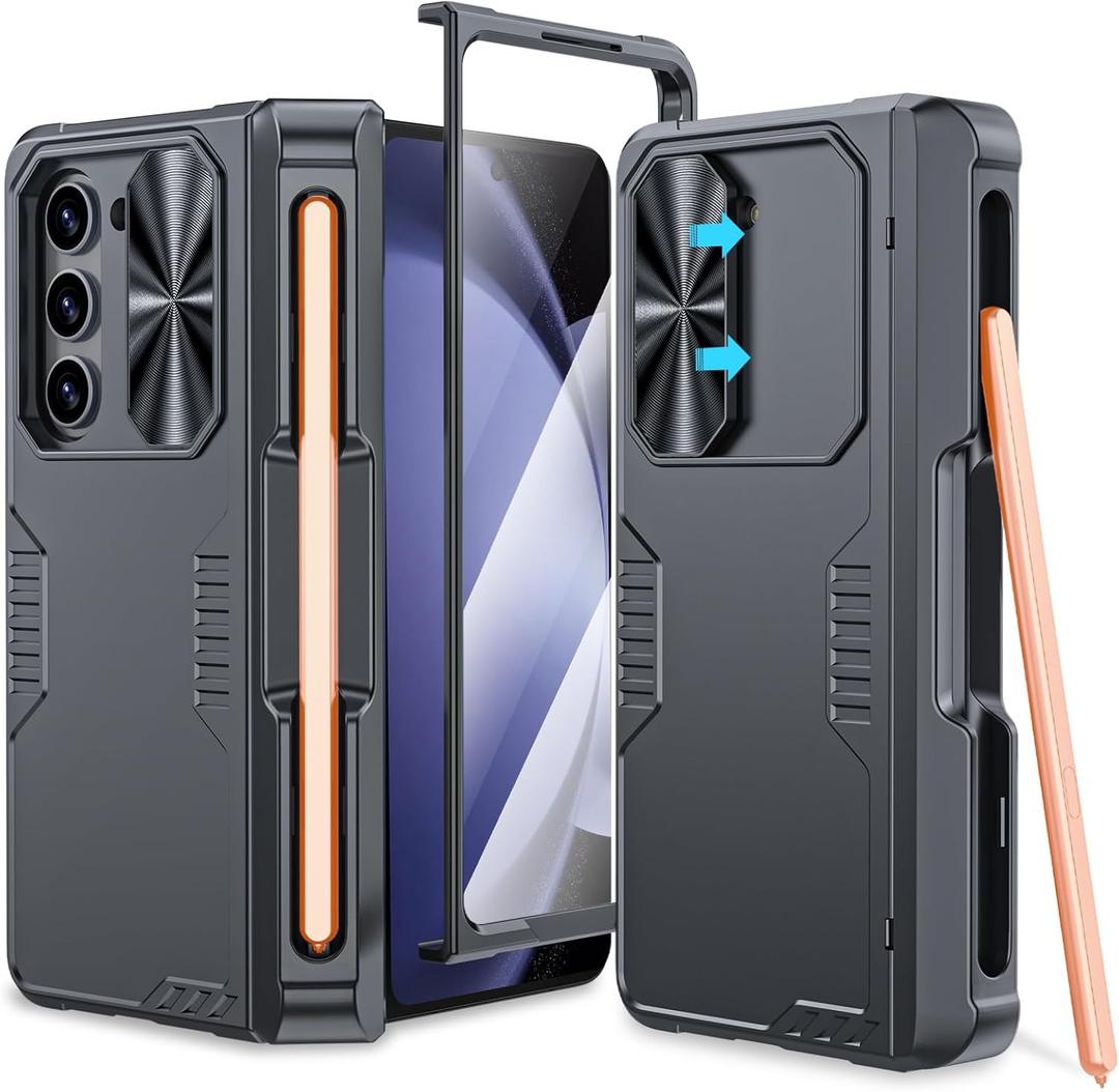 CENMASO Thin Armor for Galaxy Z Fold 5 Case, Fold 5 Case with S Pen Holder & Front Screen Protector & Camera Lens Cover & Hinge Protection,Shockproof Protection Case for Z Fold 5-Black