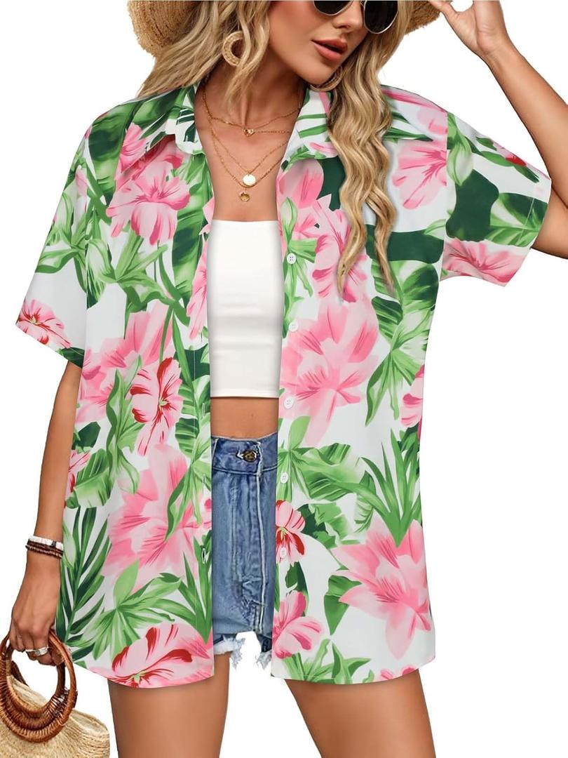 Women Hawaiian Shirt Button Down Summer Tops Beach Cool Short Sleeve V Neck Blouse (3X-Large, Pink Flower Print)