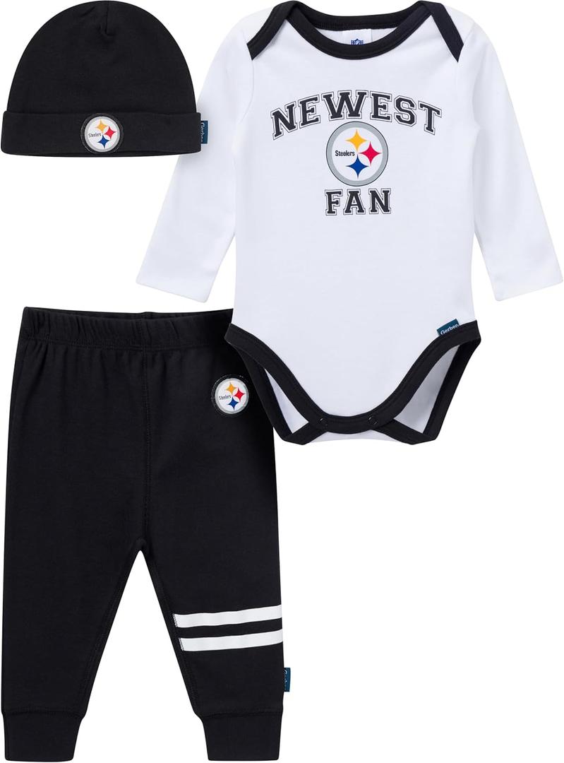 Gerber NFL baby-boys 3-piece Onesie Bodysuit, Active Pant and Cap Set (3-6 Months, Steelers)