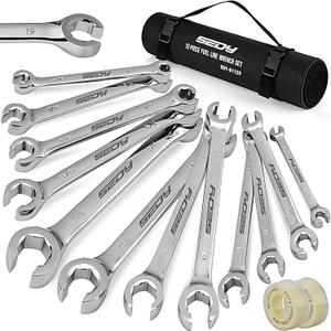 SEDY 14-Piece Flare Nut Wrench Set with PTFE Tape, Metric & SAE Brake Line Wrench Offset 1/4"-7/8"& 9-21mm Set Double Open End with Organizer Pouch for Repairing and Removing Nuts