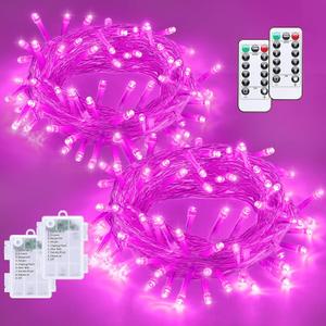 YEGUO Battery Operated String Lights, 2 Pack Each 33ft 100 LED Twinkle Fairy Lights Outdoor Waterproof, 8 Modes Clear Wire Pink Christmas Lights Indoor with Remote