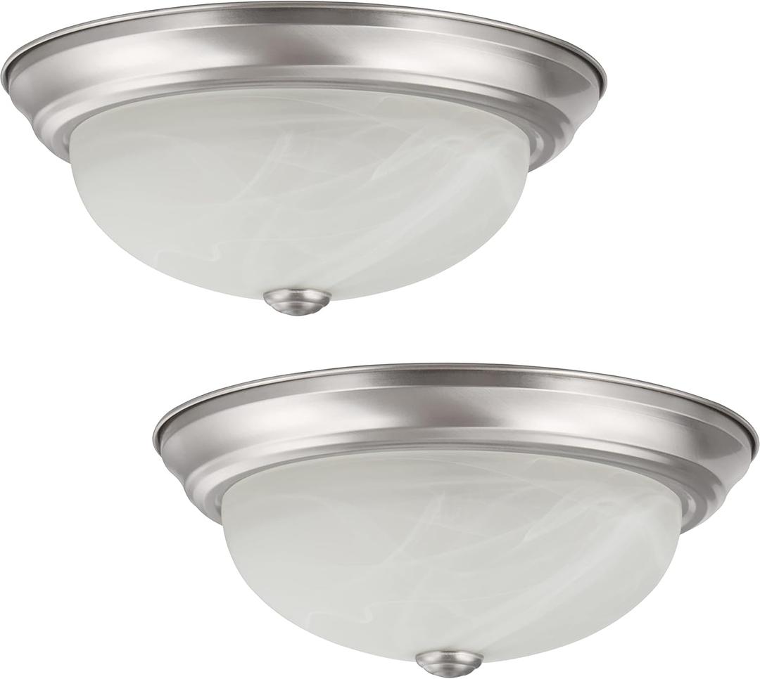 Aspen Creative 63023-09-2, 2-Light Flush Mount, Brushed Nickel Finish w/Alabaster Glass, 13" Dia, E26 Socket, 60 Watts, Bulb Not Included, Set of 2