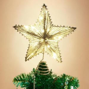 Christmas Tree Star Topper 10" Silver Christmas Tree Topper with Warm White LED Lights, Xmas Tree Topper Star Battery Powered Ornaments for Holiday Xmas Decorations, Home Party Decor