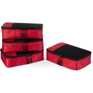 4-Piece Space-Saving Packing Cubes Travel Accessories Set, Luggage Organizer with Double Zipper, Mesh Top, Small, Red 