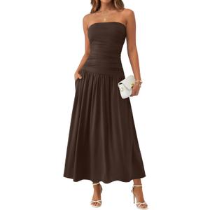 Trendy Queen Women Maxi Strapless Summer Tube Top Dress 2026 Ruched A Line Wedding Guest Long Sundress Spring Beach Outfit, XL