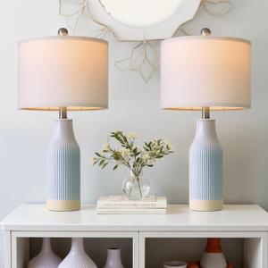 23.75inch Light Blue Modern Ceramic Bedside Lamp Set of 2 with 5FT Cord for Bedroom Decor Farmhouse Table Lamp for Living Room Office Dorm