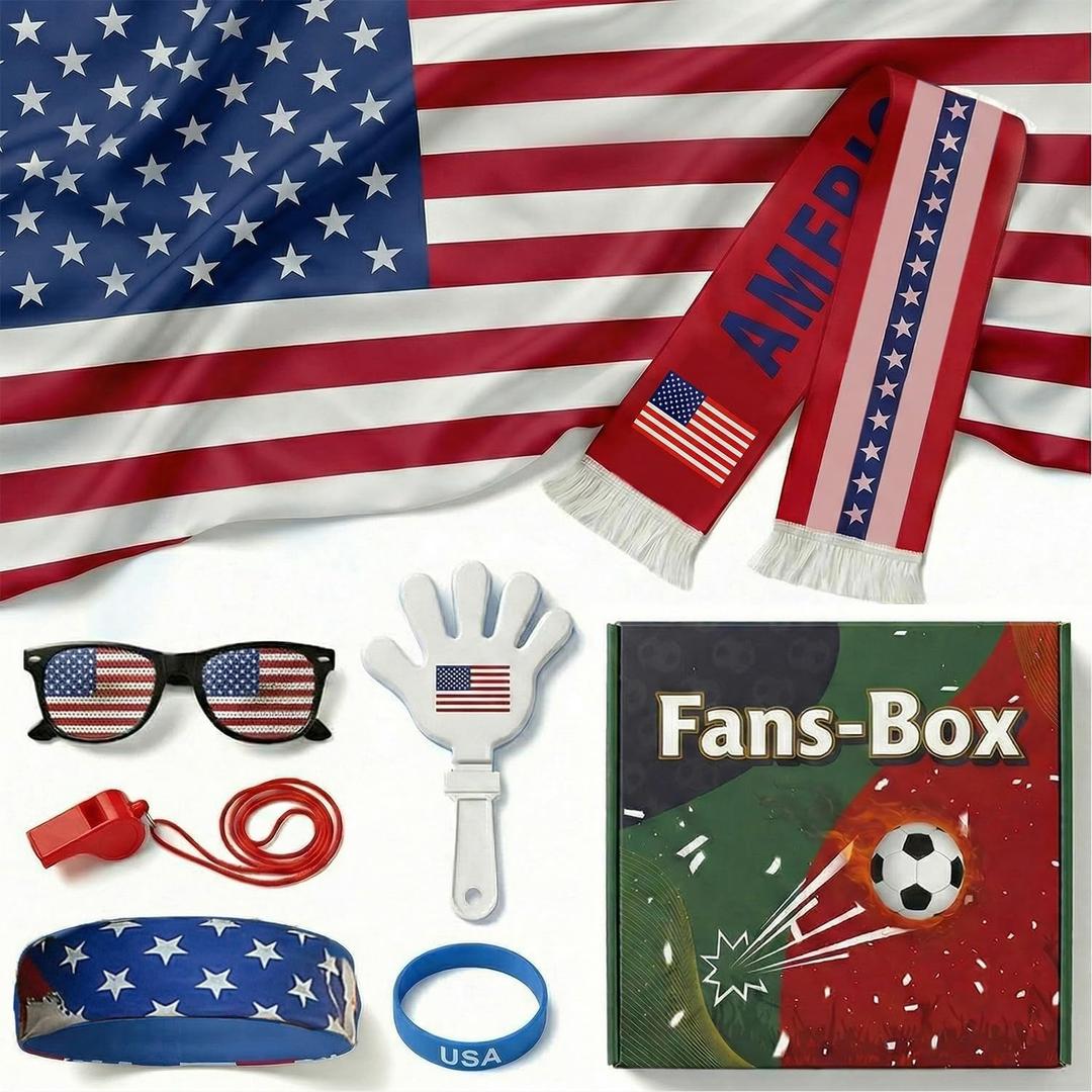 2 x 7 Pcs Cheering Kit for Football Matches, 2026 America Soccer Fan Game Day Accessory Set, Includes Flag, Glasses, Whistle, Clapper, Wristband, Scarf & Headband