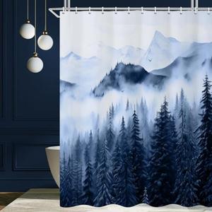 Ruelvth Mountain Shower Curtain, Navy Blue Misty Forest Shower Curtain Set Waterproof Nature Scenery Bathroom Decor with Hooks, 72x72 Inch