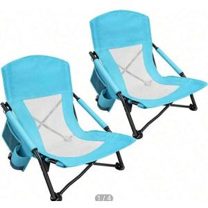 Oileus Low Beach Chair for Beach Tent/Shelter/Camping/Outdoor Ultralight Backpacking Folding Recliner Chairs with Cup Holder/Storage Bag, Carry Bag, Breeze Mesh Back, Compact Duty 2 Pcs