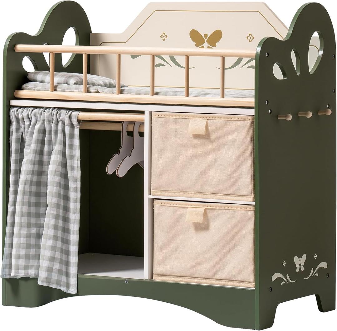 ROBOTIME Baby Doll Crib, Wooden Doll Bed, Toy Baby Crib with Storage, Bedding, and Wooden Hooks, Doll Crib Fits Dolls up to 22, Doll Furniture for American Girls Ages 3+ (Green)