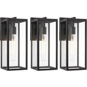 Bestshared Outdoor Wall Lights,15 Inch Exterior Wall Lanterns with Clear Glass, Anti-Rust Black Porch Lights Sconce,Weather Resistant Outdoor Lights for House, Garage, Doorway, Patio, E26 Base(3 Pack)