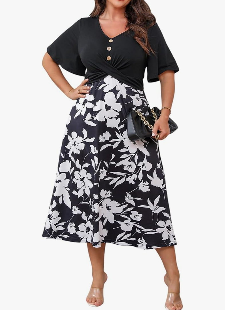 ZNU 2025 Plus Size Floral Summer Dress for Curvy Women - Elegant V Neck Party Casual Midi Dress with Pockets Short Sleeve
xl