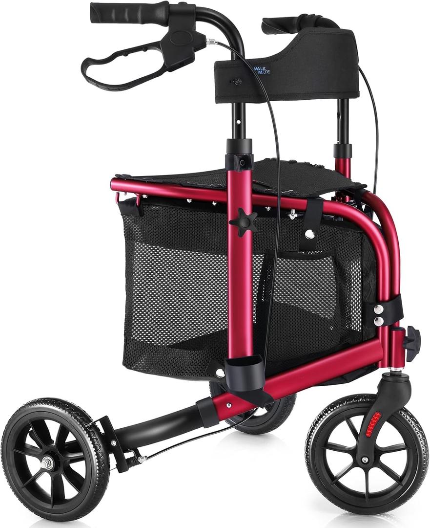 3 Wheel Rollator Walker with Seat for Slim Seniors, Padded Backrest Lightweight Foldable Walker Ideal for Elderly, 8 Inch Tri-Wheel Modern Mobility Walking Aid Aluminum, Red