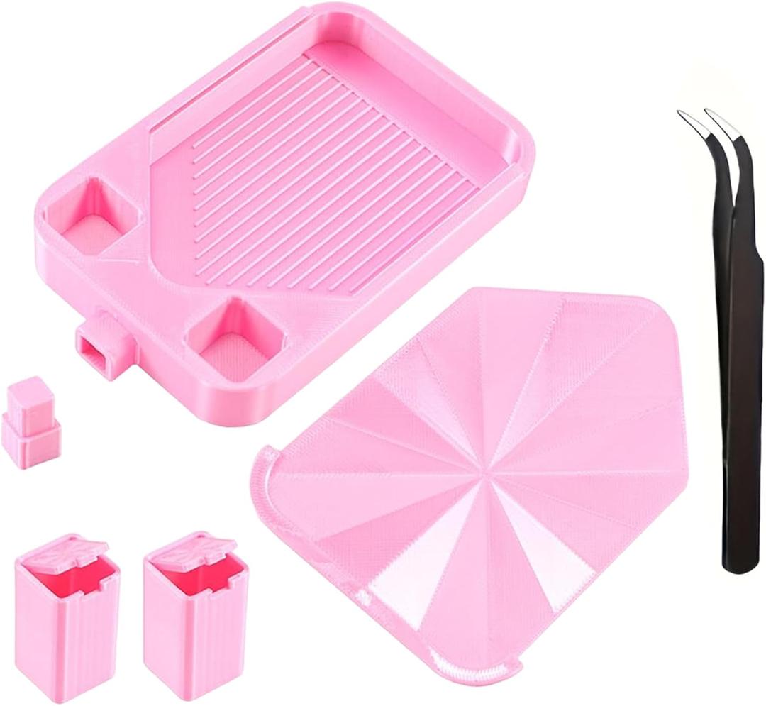 Diamond Painting Tray with Lid and Tweezer, Rhinestone Storage Tray with Lid & 2 Storage Bucket Design, Easy Pour Bead Tray, Diamond Art Kits for Adults, Diamond Art Accessories Tools (Pink)