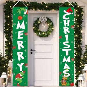 Christmas Decorations MERRY CHRISTMAS Green Banner Xmas Porch Door Sign Welcome Banner Decor for Indoor Outdoor Wall Home