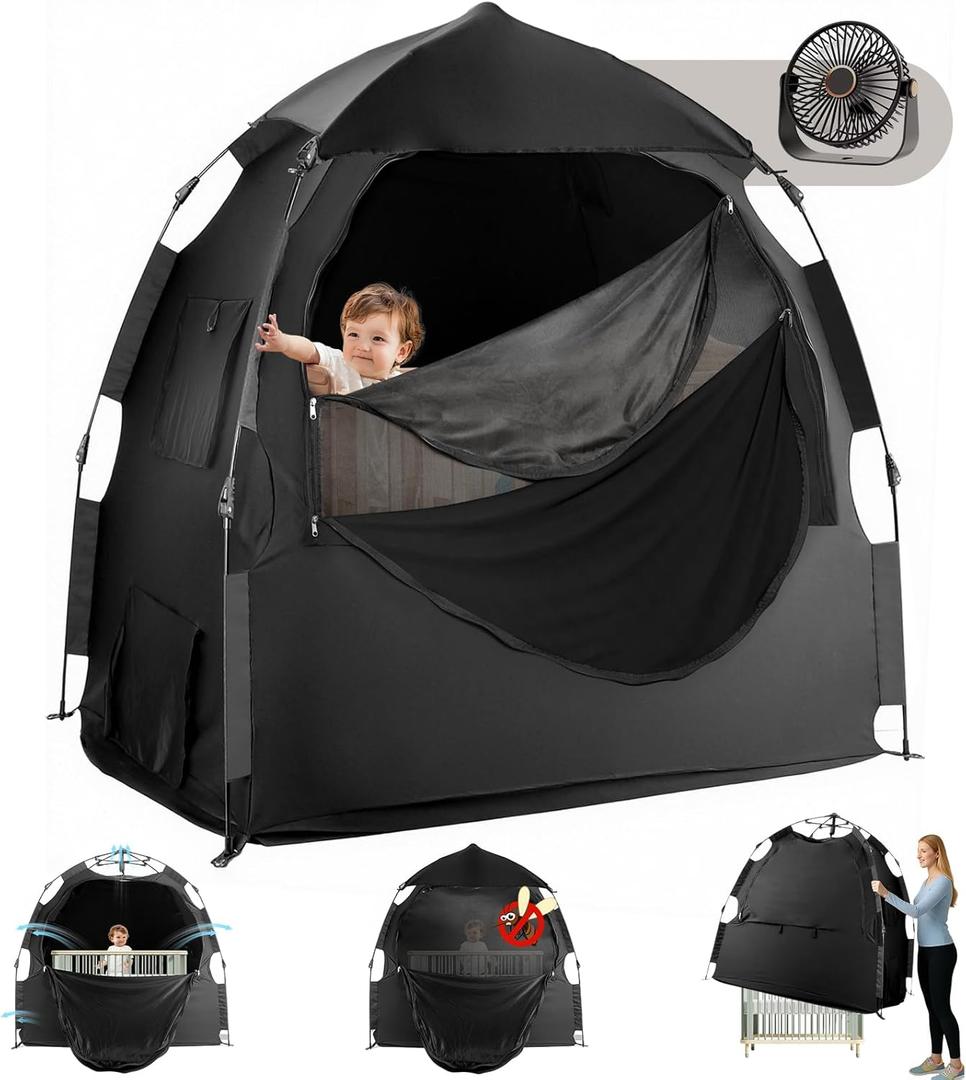 Warmoasis Blackout Tent for Pack and Play, 1-Click Setup, Mini Fan Included, Portable Fold N Go, Light Blocking&Breathable Baby Sleep Tent for Babies & Toddlers, Home&Travel Essential