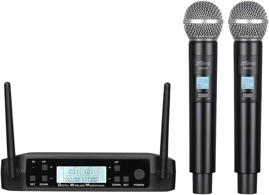 200-Channel Wireless Microphone System, Dual UHF Metal Cordless Mic Set, Long Distance,Auto Scan Frequency, Use for Karaoke Singing, Family Party,Church(ZM820)