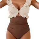 Aidonger Women's One Piece Swimsuit Tummy Control Ruffle Bathing Suit V Neck Ruched Swim Suit Slimming Cutout Swimwear, XL